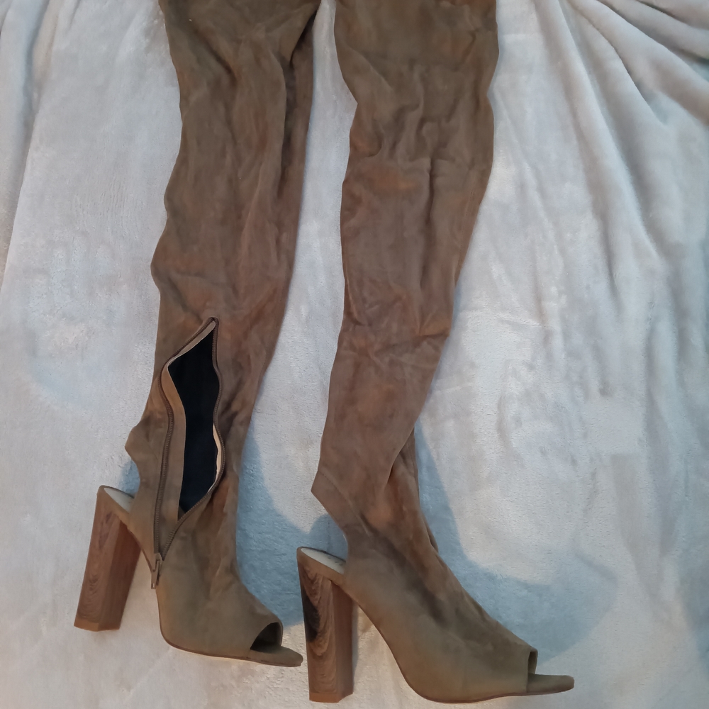 Liliana Tan Over-the-Knee Peep Toe Boots